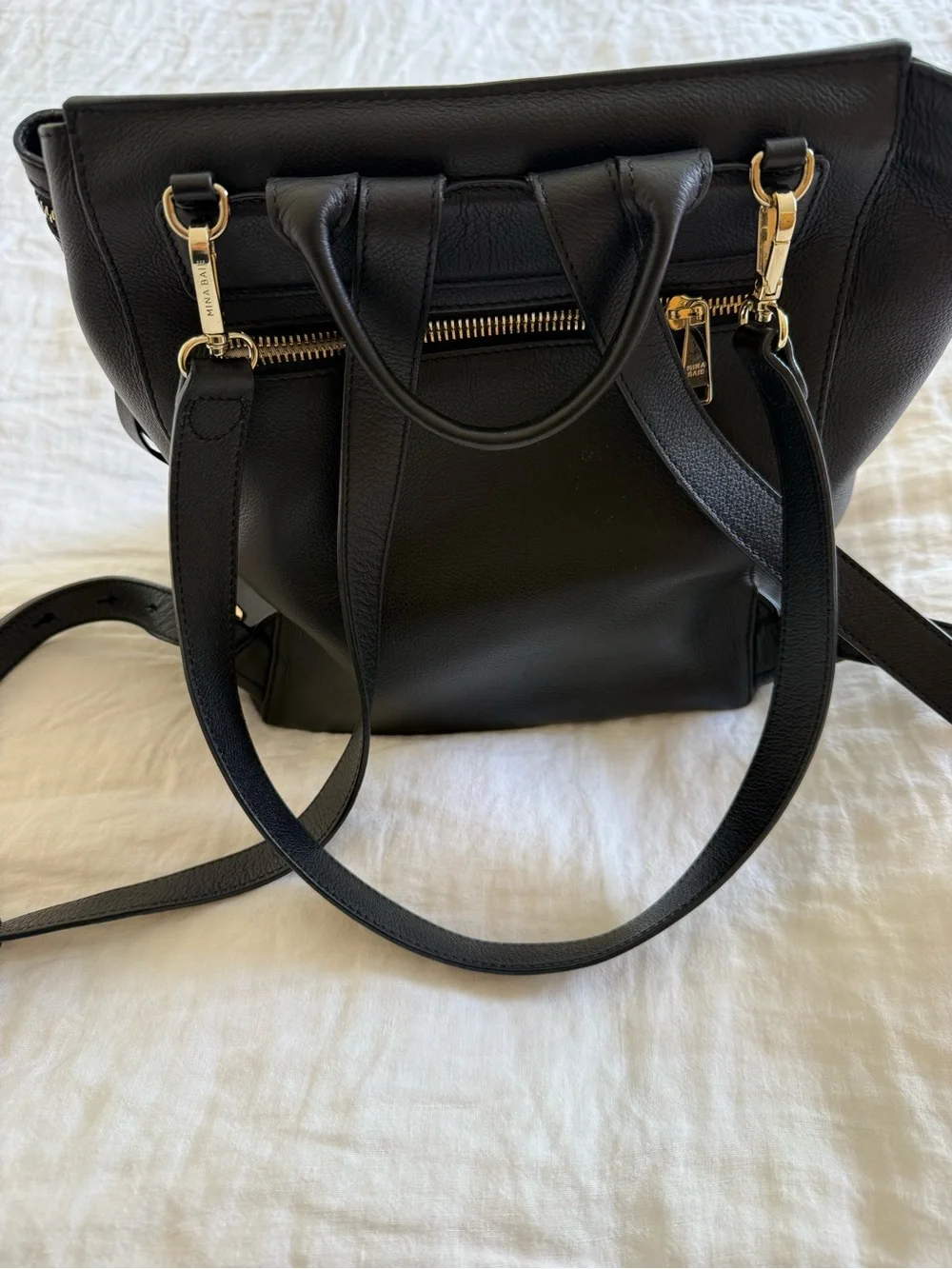 Mina Bae Black Leather Baby Bag backpack Harper-Sleek Everyday Organizer
